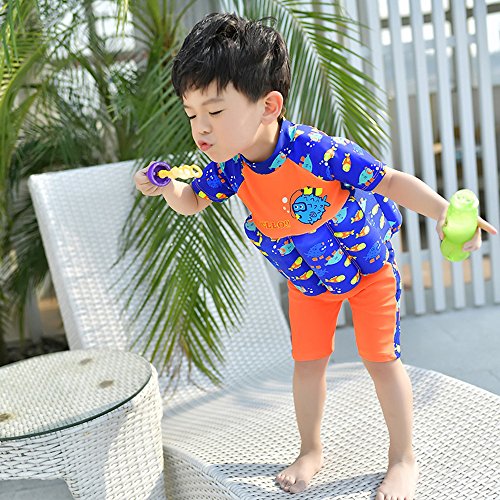 Floating Swimsuits for Kids Toddlers, Orange and Blue Color with Swimming Cap and Inflatable Arm Ring
