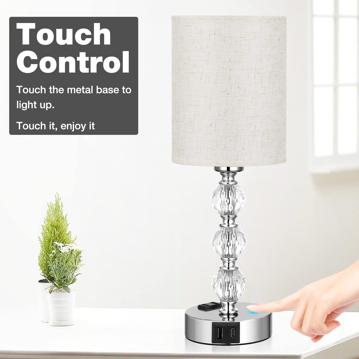 Acaxin White Crystal Table Lamp - 3-Way Dimmable With Usb C+A, 14.6In Nightstand Light For Bedroom, Living Room, Kitchen