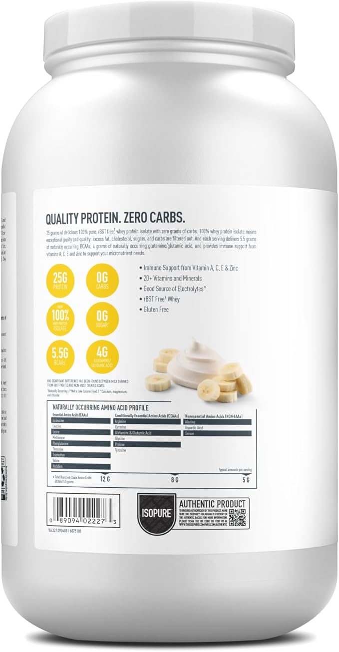 Isopure Zero Carb 100% Pure Whey Isolate Protein Powder, Lactose Free, Gluten Free, With Vitamins, Banana Cream, 25g Protein Per Serving, 3 Lbs, 44 Servings (Packaging May Vary)