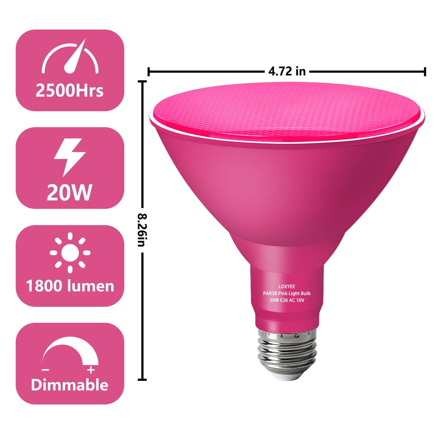 LOXYEE PAR38 Flood Light Bulb, Dimmable, E26 Base, 20W Equivalent, 4 Pack, Pink