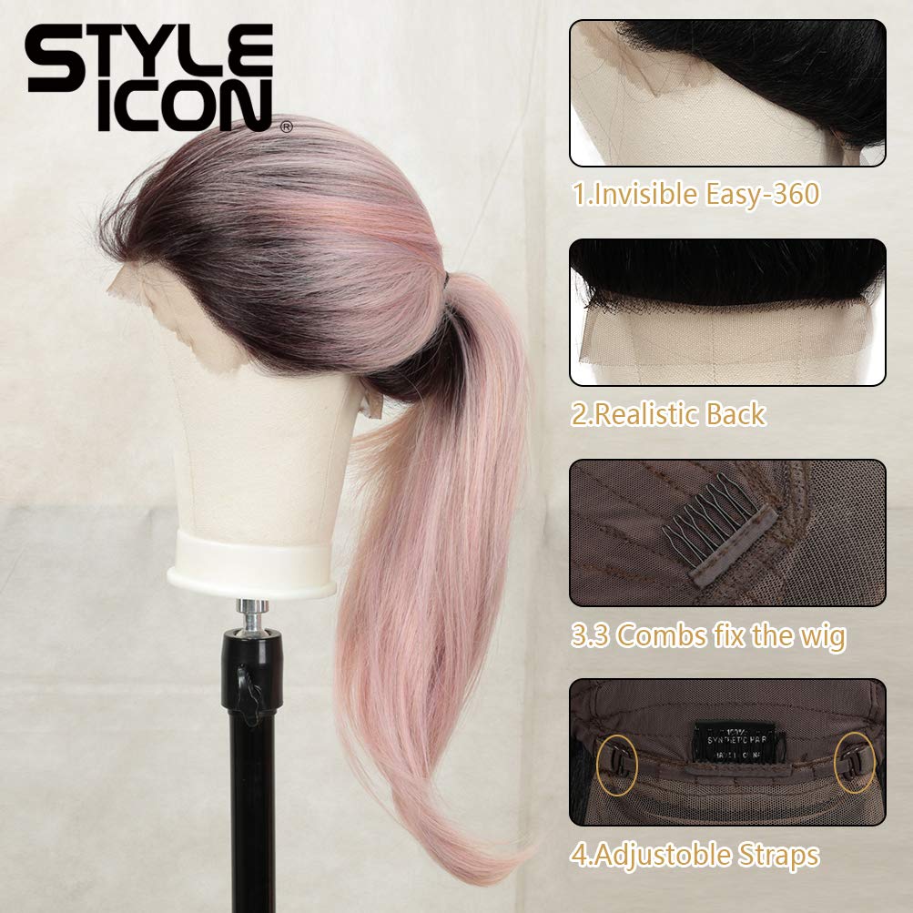 Style Icon Easy-360 Lace Wigs 28 Free Part Lace Frontal Wigs Ombre Pink Synthetic Wig(28, TT4/AMBRS)