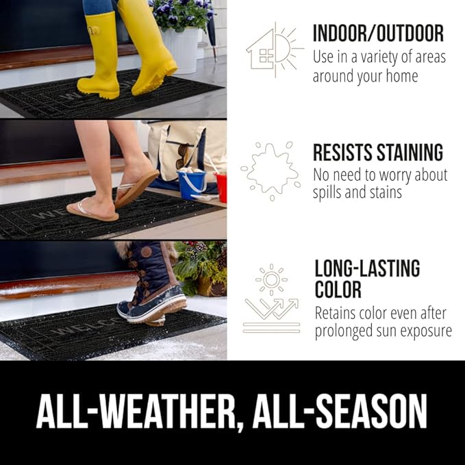 GORILLA GRIP 100% Waterproof All-Season WeatherMax Doormat, 47x35, Durable Natural Rubber, Stain and Fade Resistant, Low Profile, Indoor Outdoor Doormats, Easy Clean Patio Entry Mat, Black Welcome