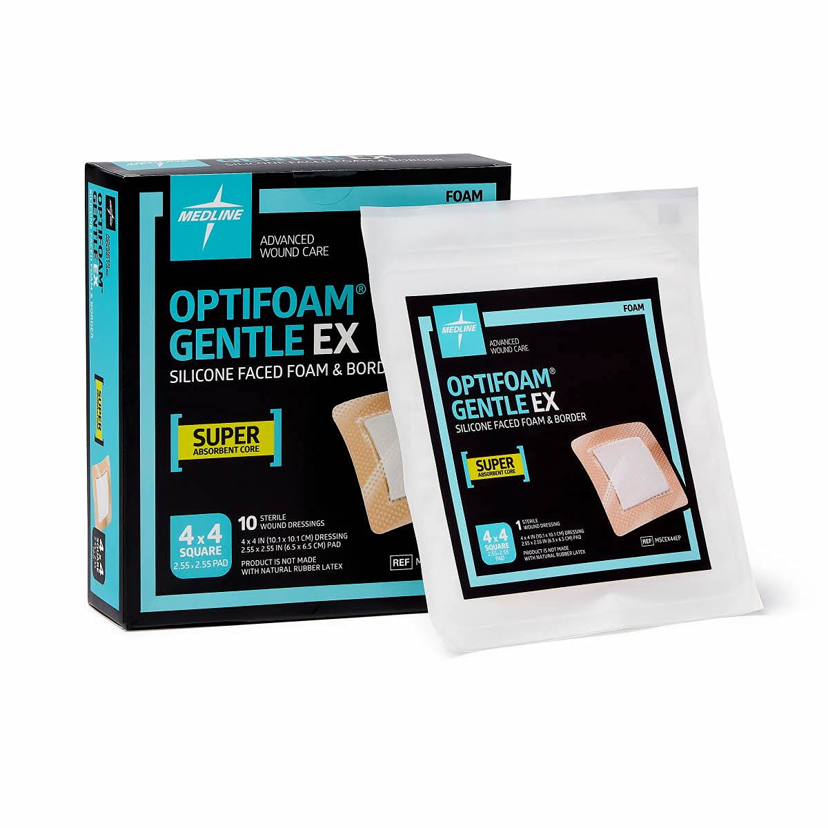 Medline Optifoam Gentle EX Bordered Foam Adhesive Dressing, 4" x 4" Square (10 Count)