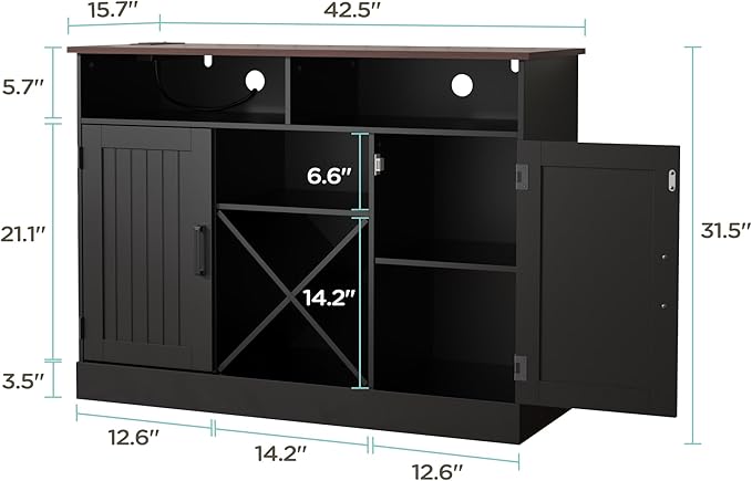MHOM Farmhouse Coffee Bar Cabinet with Prower Outlets, Rustic Liquor Cabinet with Wine Rack, Wooden Wine Cabinet for Dining Room & Living Room, Black