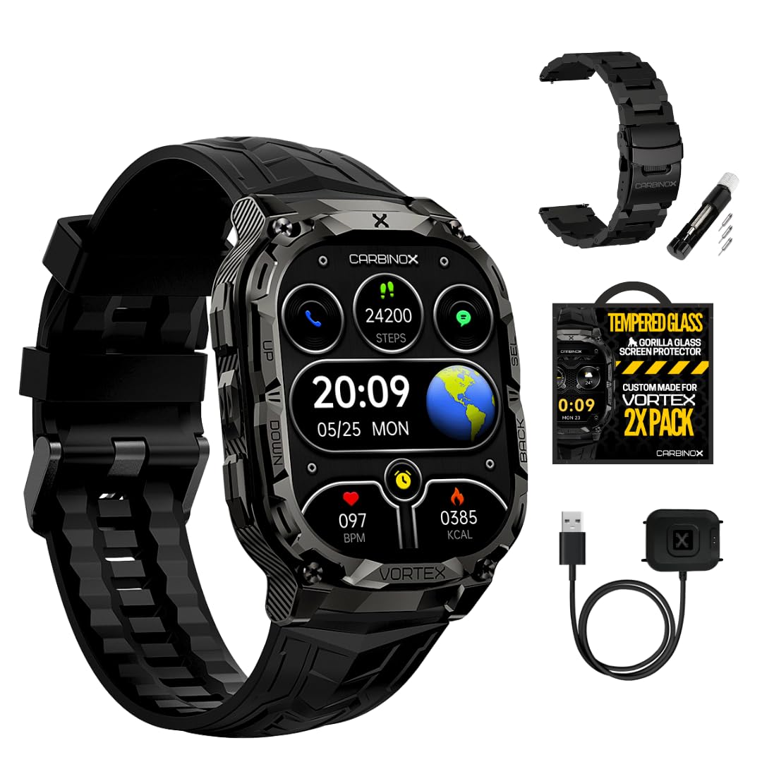 CARBINOX Vortex Smart Watch with Metal Band, Charger and Tempered Glass (2 Pack), Rugged Fitness Tracker IP69K Waterproof Compatible with Android and iOS Phone, 14 Days of Battery Military Durable