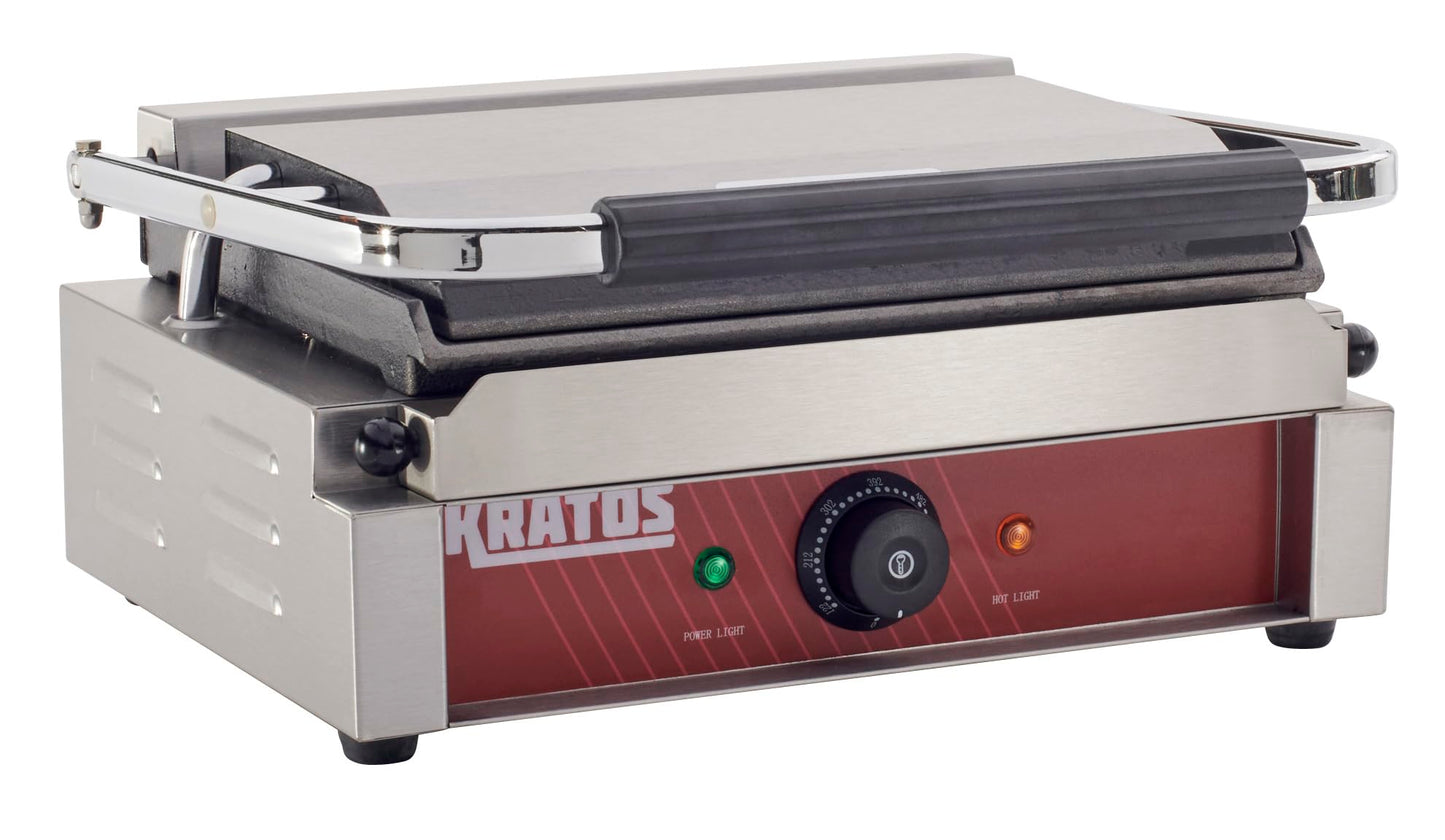 Kratos Commercial Electric Panini Sandwich Grill with Smooth Plates, 14" x 9" Cooking Surface, Commercial Countertop Panini Press, 120V, 1750W (29Y-021)