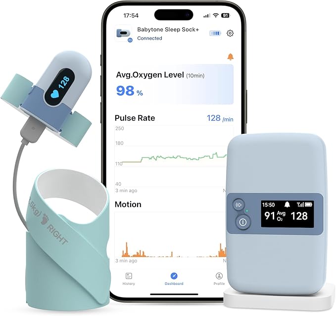 Babytone Baby Sleep Monitor with Base Station- Smart Sleep Sock, Tracking Heart Rate and Movement, Wearable Baby Foot Moni...