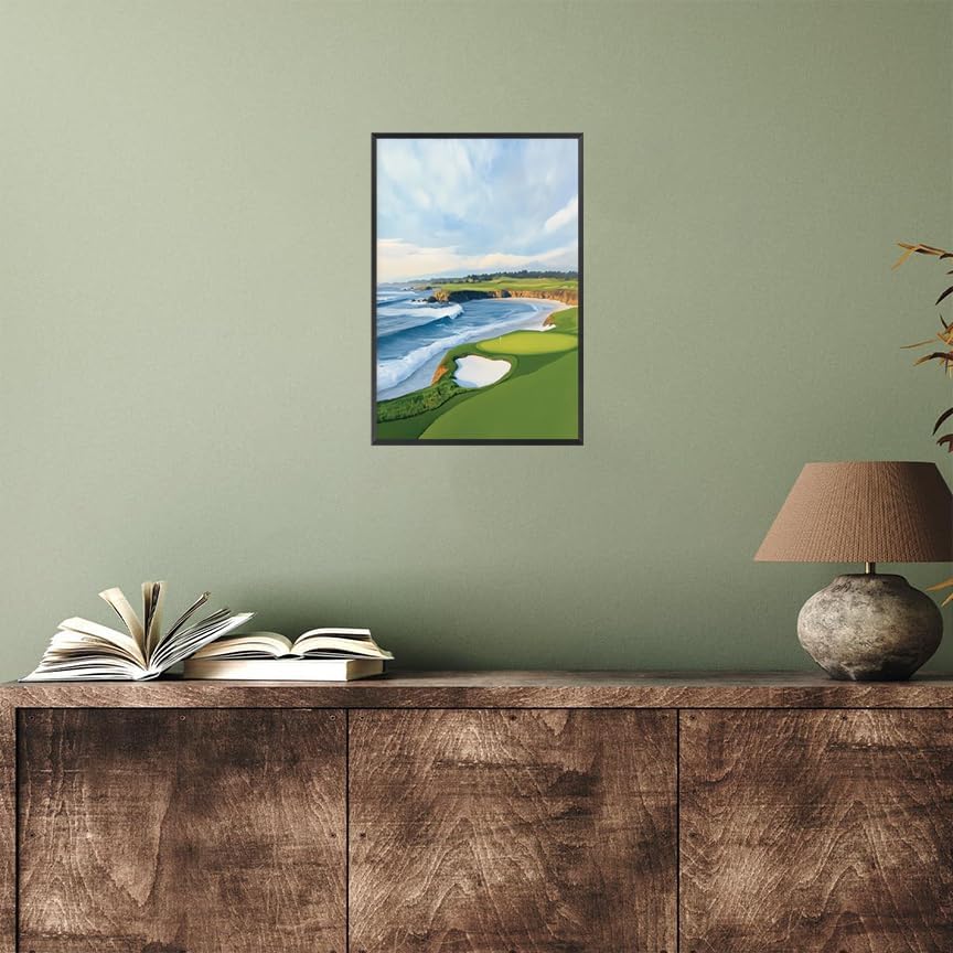 Coastal Golf Course Poster Summer Golf Landscape Wall Art Trendy Sporty Aesthetic Illustration Prints Painting For Living Room Bedroom Office Wall Decor 16x24in Wframed