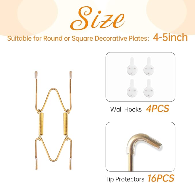 4 Pack Plate Hangers for The Wall, Suitable for 4-5 inch Art Plate, Stainless Steel Invisible Heavy Duty Wire Plate Holder with Wall Hooks, Plate Hangers for Displaying Plates, Platter, Dish, Gold