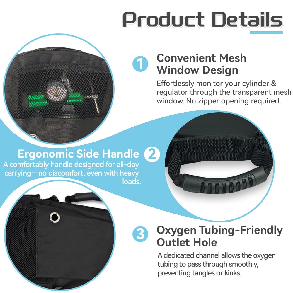 Portable Oxygen Shoulder Bag for A, B(M6), C(M9), D, M2, Ml6, M7 Size Oxygen Cylinders, Durable Oxford Material with Mesh Viewing Window, Portable Oxygen Tank Holder Bag for Travel, Storage, and Carry