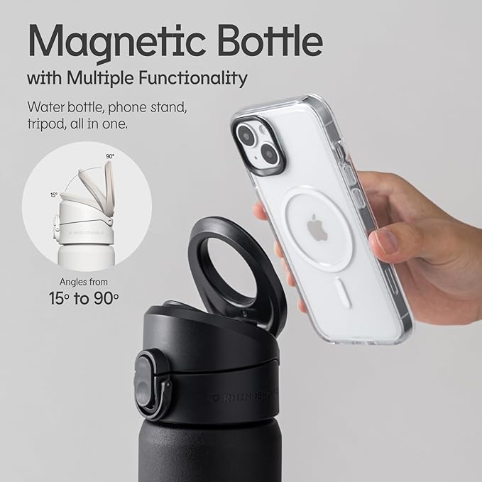 RHINOSHIELD AquaStand Magnetic Bottle 23 oz | Stainless Steel Insulated Sport Bottle w/MagSafe Handle, Adjustable Tripod, Rounded Spout & Leak-Proof - Purdue University - Purdue University Black
