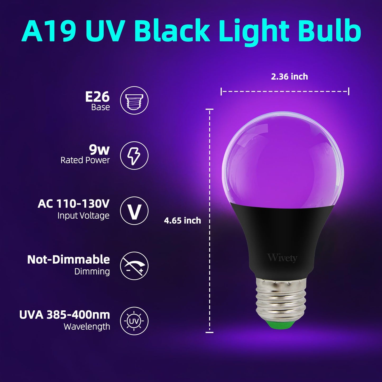 Wivety Black Light Bulb  A19 E26 Base  9W Led Black Light Bulbs For Outdoor Porch  Indoor Party Decoration  Holiday Lighting  Halloween Light Bulbs  Christmas Decoration(6 Packs)