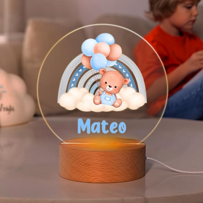 callie Acrylic Night Light Name Plate Personalized, Custom Cute Sleep Bear with Wooden Base Bedroom Decor, Birthday Gifts Christmas Gifts for Family (Cute Bear)