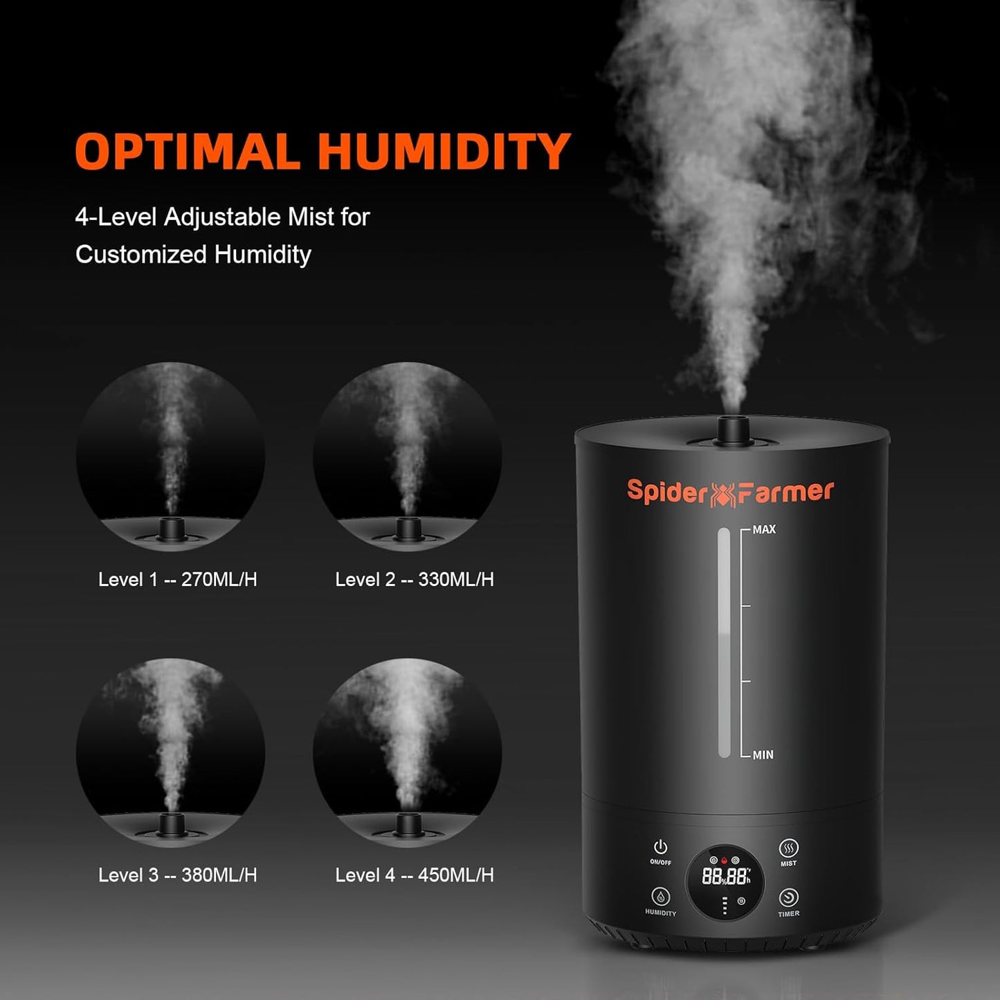 Spider Farmer 3-in-1 6L Humidifier Indoor with Timer & Hose Cool Mist Ultrasonic Humidifiers Large Room with Temperature & Humidity Probe for Plant Mushroom Greenhouse Bedroom Grow Tent Top Fill Black