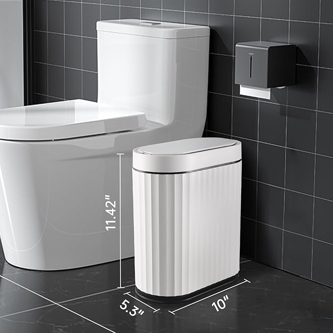 ELPHECO Bathroom Trash Can with Lid 2 Gallon Small Sensor Garbage Can, 9 Liter Slim Smart Trash Bin, Waterproof Automatic Wastebasket, Narrow Plastic Garbage Bin for Bathroom, Black and White