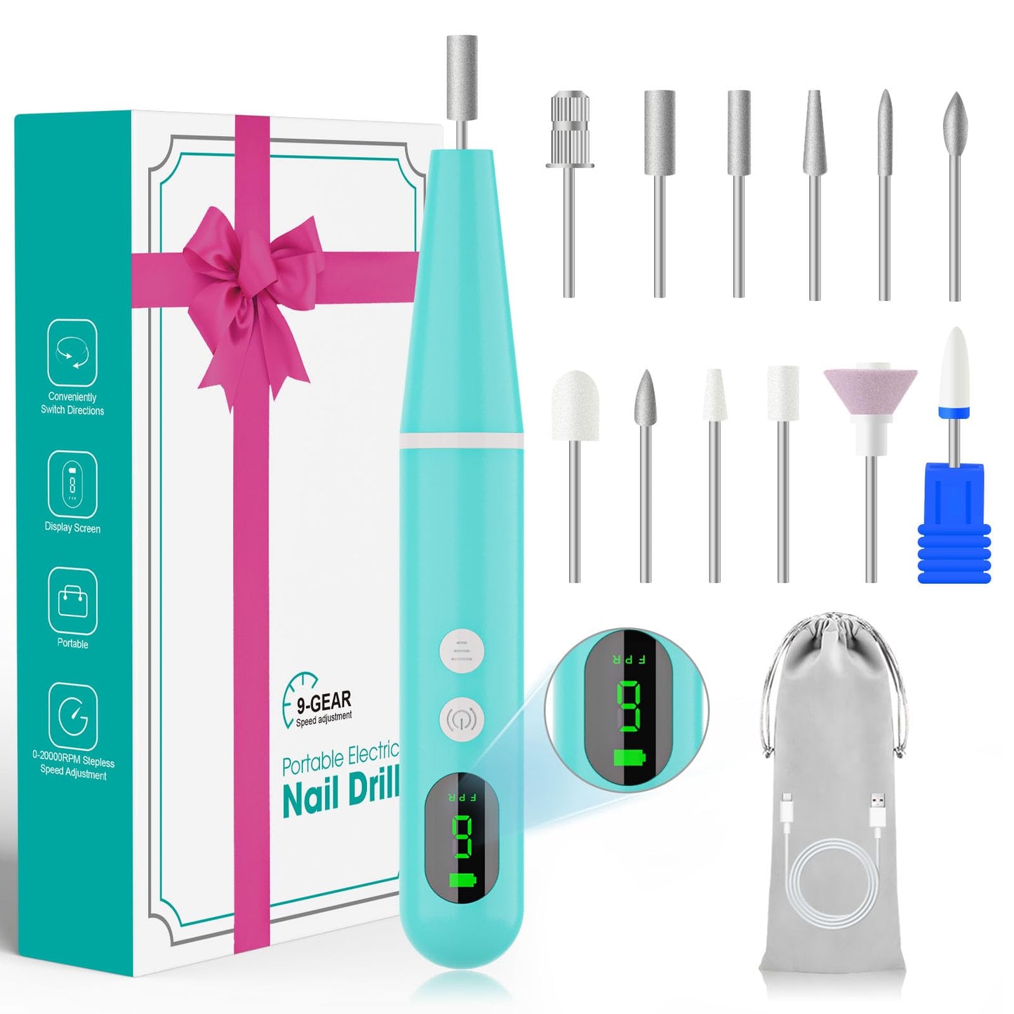 Cordless Nail Drill, Super Lightweight Electric Nail File, Low Noise Electric Nail Drill with 9 Speed & LCD Display, Wireless To