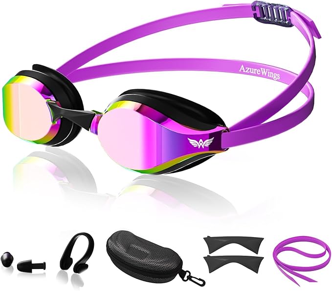 AzureWings Swim Goggles for Men Women – No Leak Anti-Fog UV HD Wide Vision, Racing & Swimming Goggles Black-Electroplate