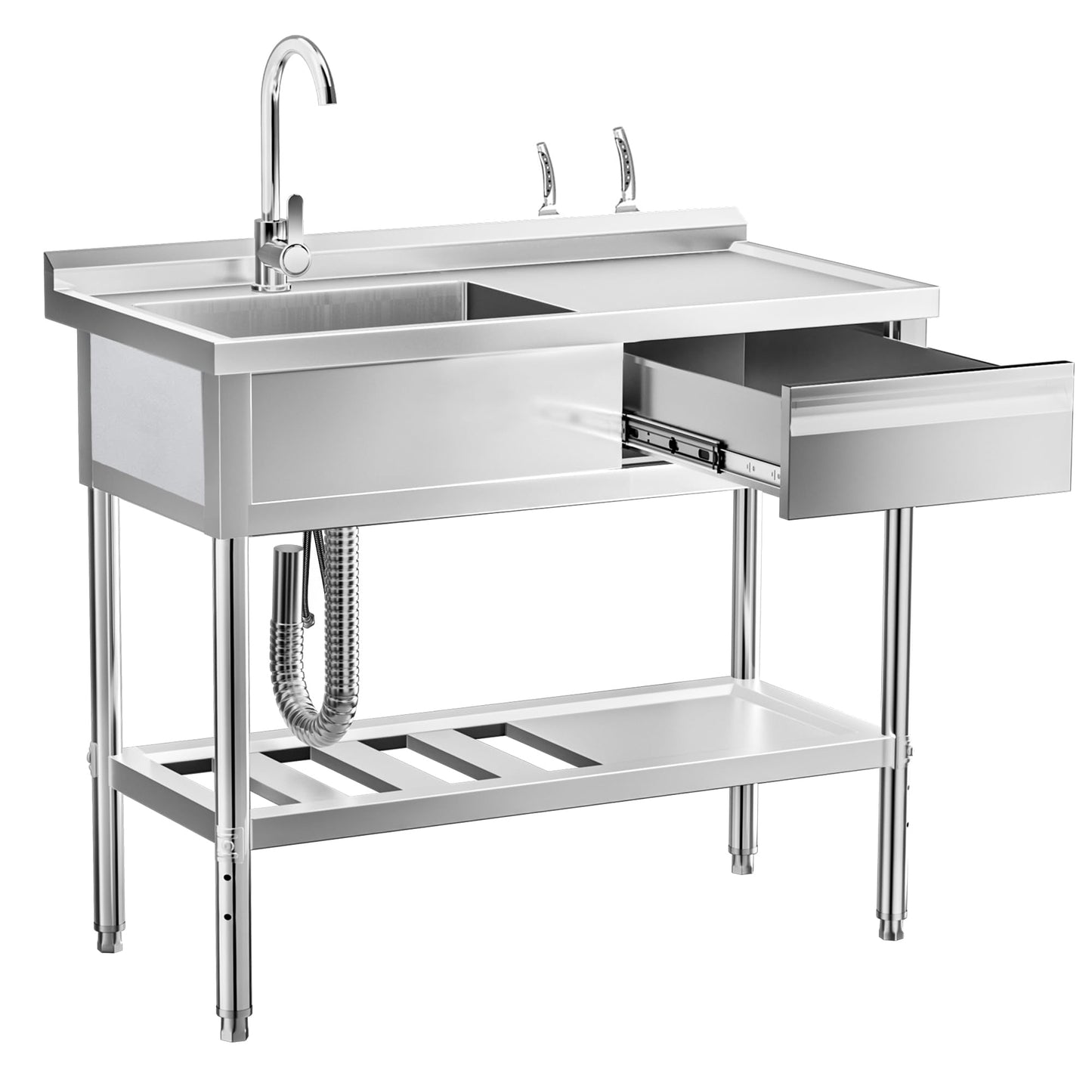 39" 304 Stainless Steel Utility Sink with Faucet – Free Standing Single Bowl Kitchen Sink with Workbench & Drawer Storage, Hot/Cold Water Pipes for Laundry, Farmhouse & Outdoor Use