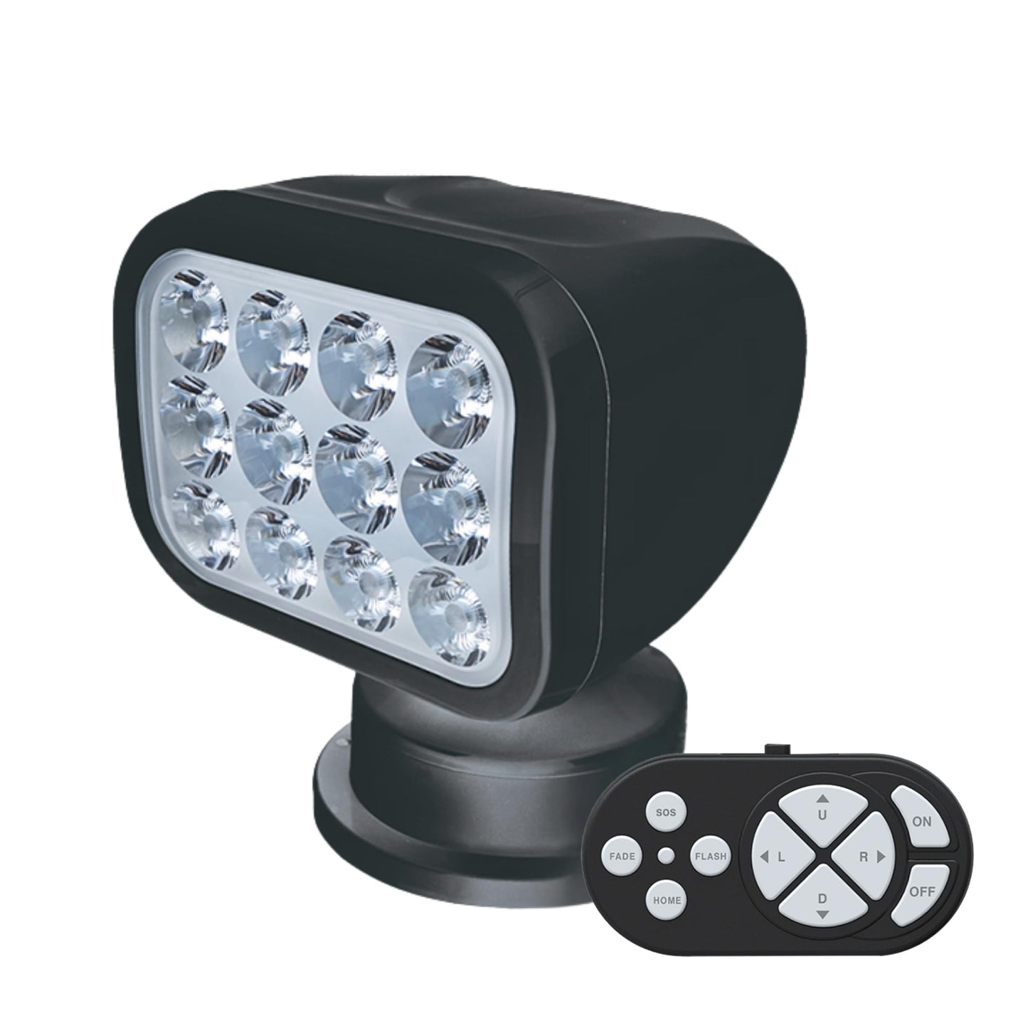 SEAFLO 360° Rotating LED Searchlight, IP66 Waterproof, 10-30V, Wireless Remote, Warm Light 2700K, Black, Model SFSL-2700Y