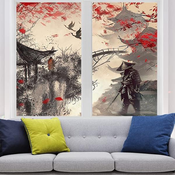Vintage Japanese Samurai Air Window Film Watercolor Ink Ancient Cherry Blossom Red Sunblackout Window Film,Playroom Window Film 17.7Wx23.6L-Inch X2Pcs