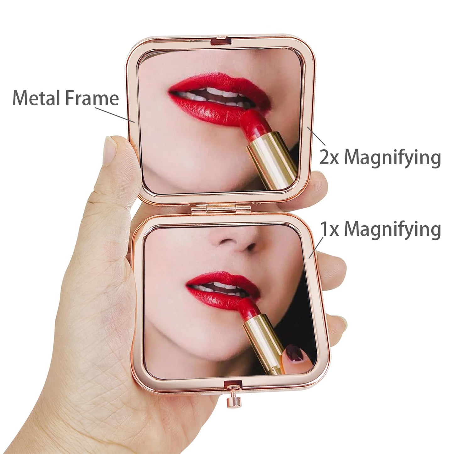 PDOZV Small Compact Mirror, Rosegold Square 2.8     2.8    Metal Frame Smooth Style Double Sided Mini Magnifying 1X/2X Mirror fo