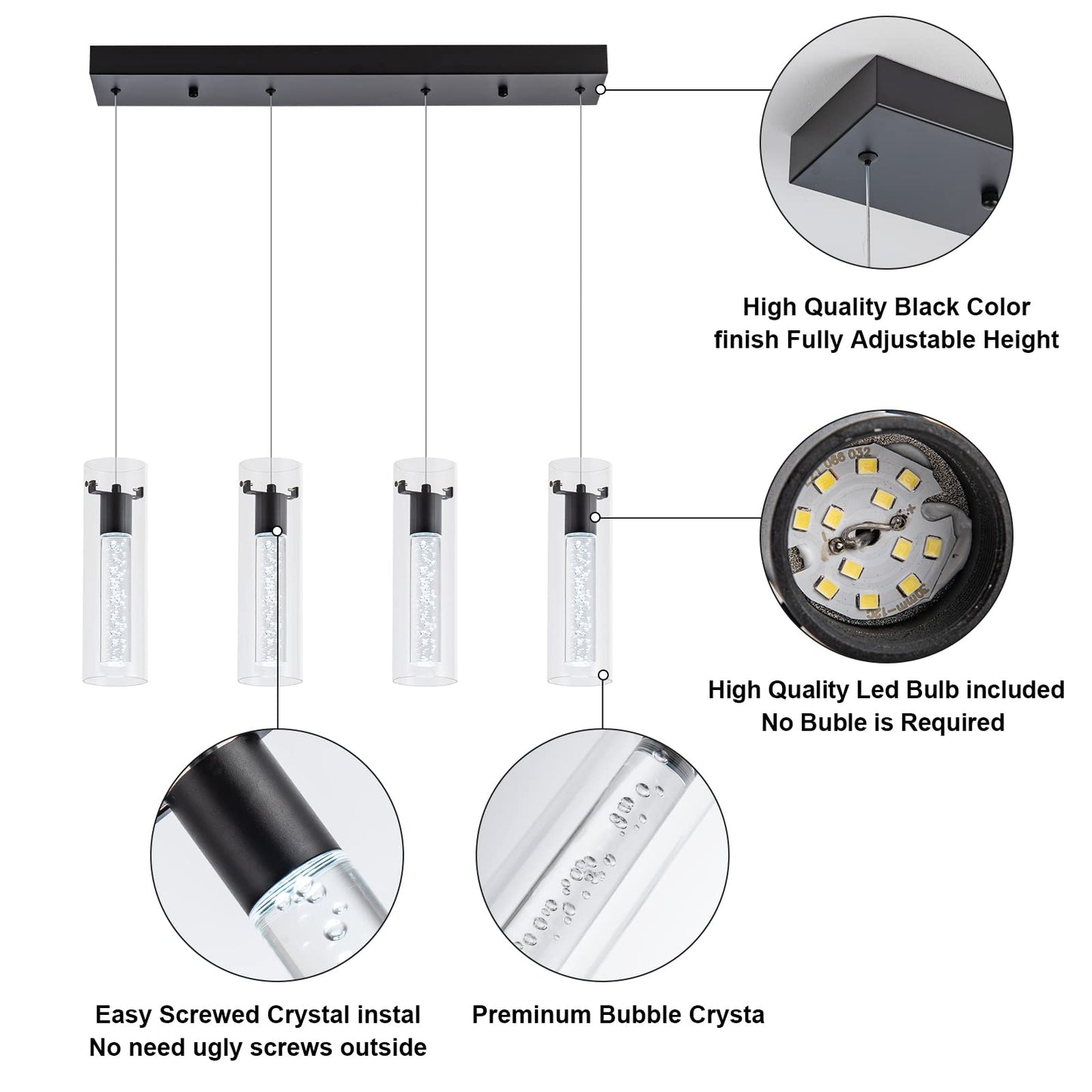 votag Pendant Light Fixtures, 4-Light Dimmable Aluminum Pendant, Black Finish, Model PI-0172A4-32W-BK