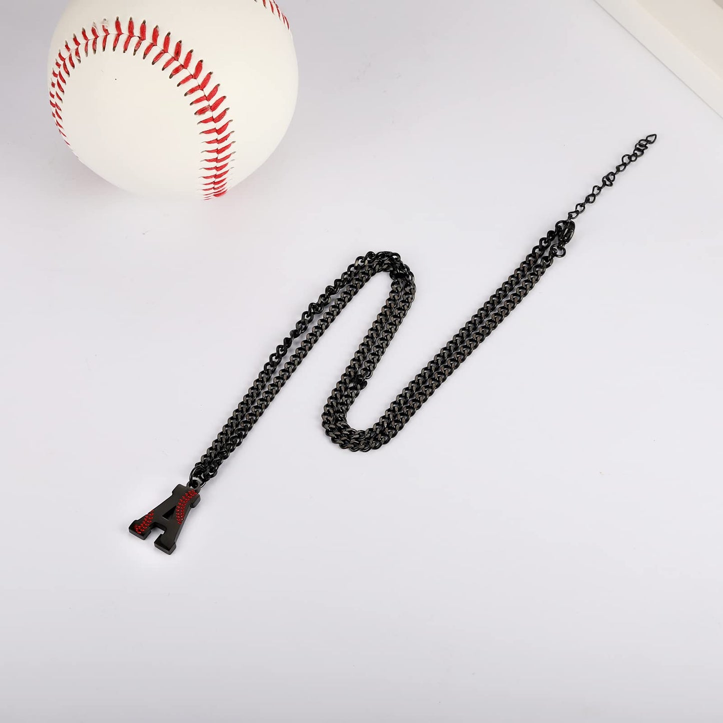 AIAINAGI Baseball Initial A-Z Letter Necklace for Men Baseball Charm Pendant Stainless Steel Black Chain 22inch Personalized Bas