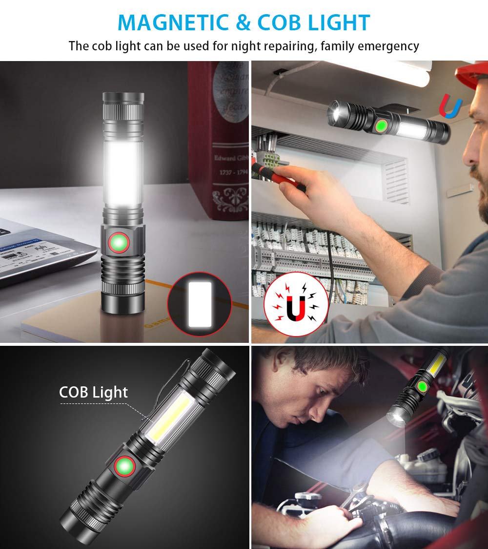 Itoncs Led Magnetic Flashlight, 2000 Lumens, Waterproof, 4 Modes, Aluminum, Tactical, 2 Pack