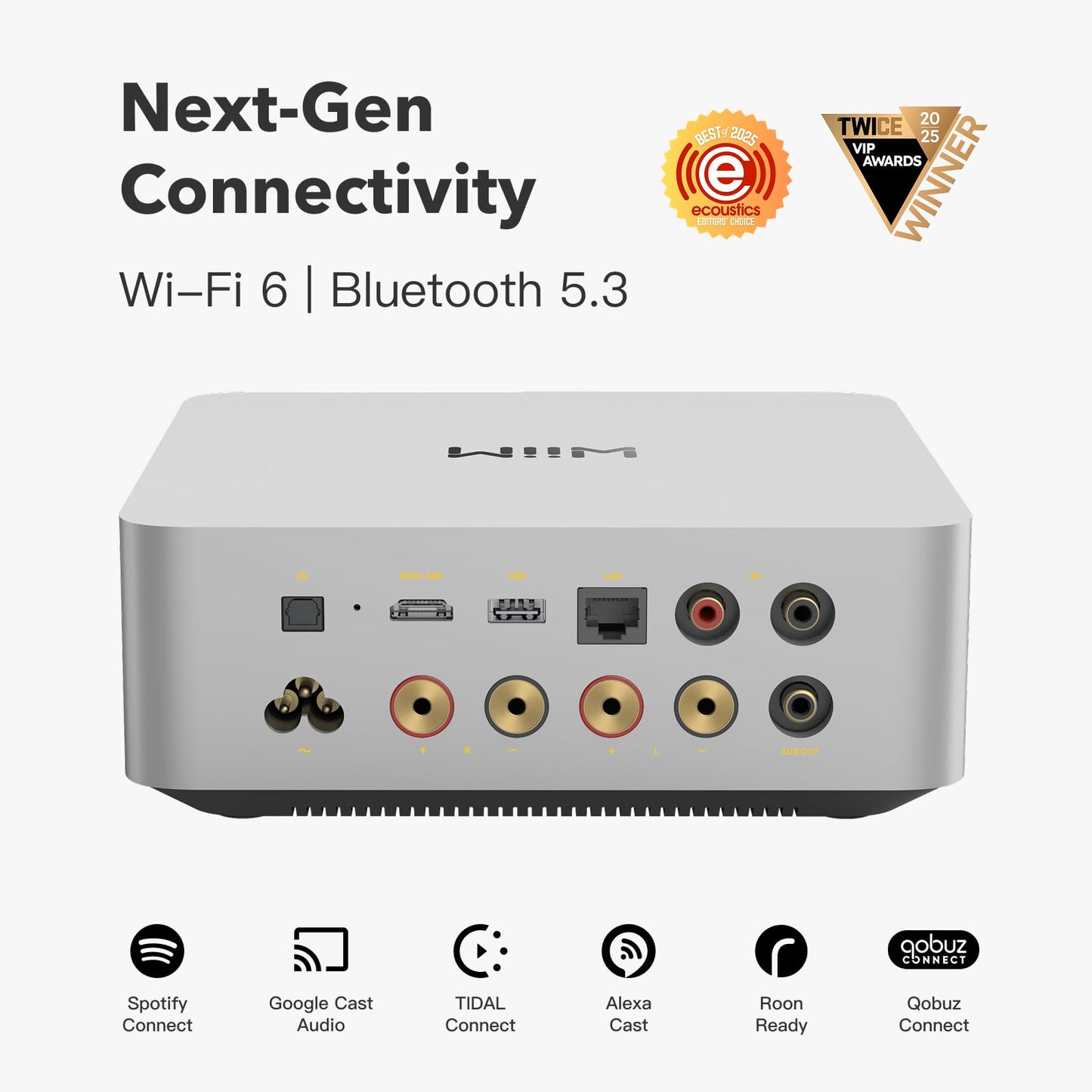 WiiM Amp Ultra Streaming Amplifier - 100W, ESS DAC, Dual Amps, HDMI ARC, Optical, RCA, Touchscreen, Silver, Model AMP003