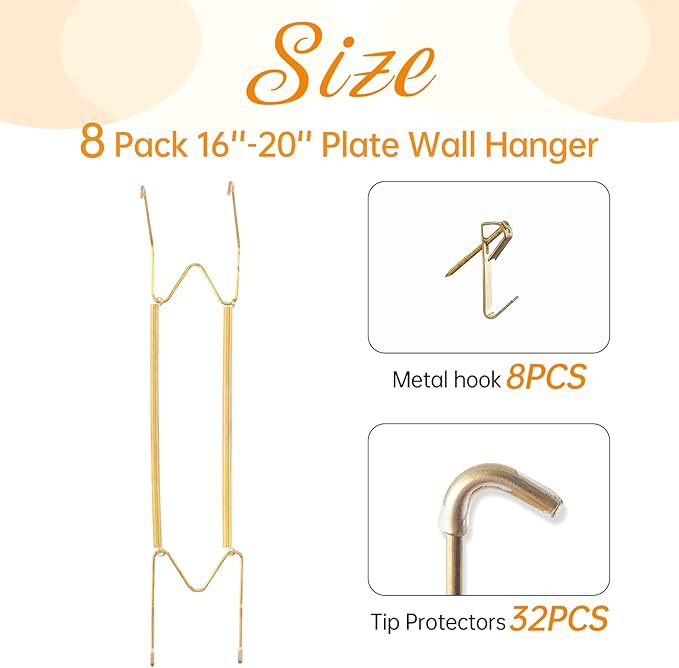 Bilillo 8 Pack Plate Hangers for The Wall, Suitable for 16-20 Inch Plates, Stainless Steel Heavy Duty Invisible Wire Holders with Wall Hooks, Large Plate Hangers for Display