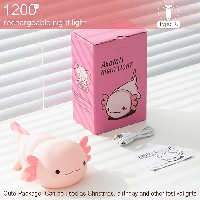 Axolotl Cute Night Light for Kids, Axolotl Lamp Girls Xmas Gifts, Rechargeable Bedside Nightlight, Squishy Dimmable Silicone LED Funny Animal Light, Baby Nursery Dorm Kawaii Décor Toys