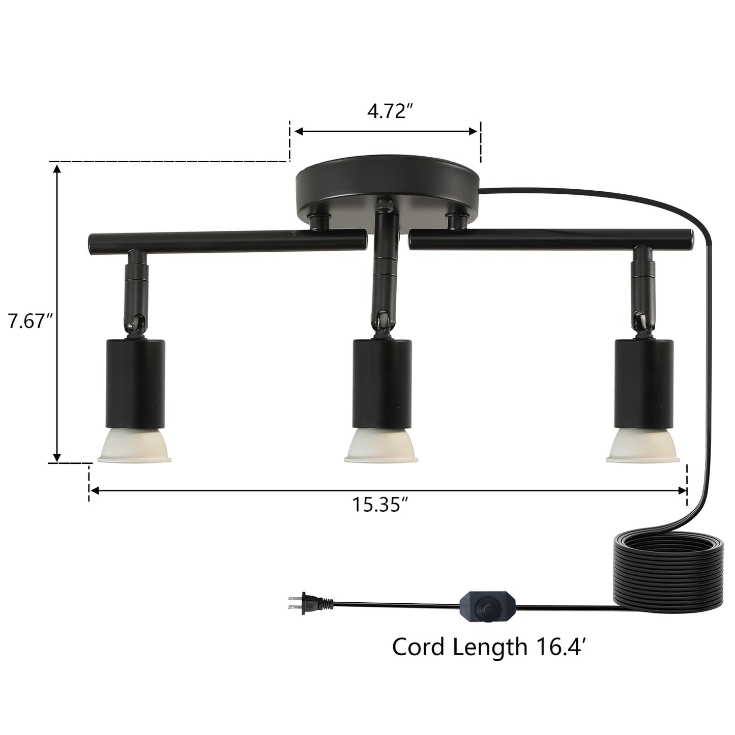 Vivihobb Dimmable Plug In Track Light Black 3 Light Plug In Ceiling Lighting Fixture With 16.4 Long Cord 4 Way Ceiling Spotlight Rotatable Wall Mount Light Head Led Dimmable Spot Bulbs Included