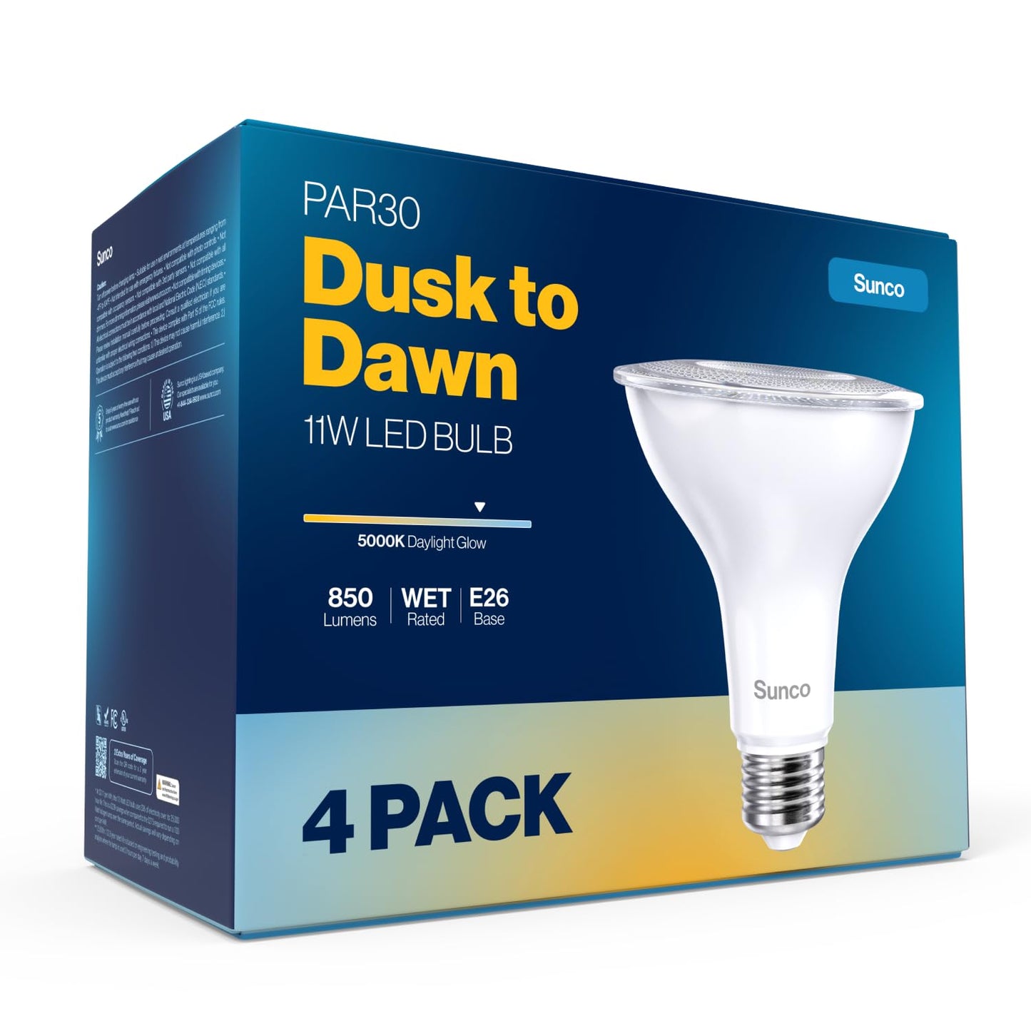Sunco LED PAR30 Dusk to Dawn Light Bulb for Outside Porch, Patio, Backyard, 11W=75W, 850 LM, 5000K Daylight , Non-Dimmable, Photocell Sensor, UL 4 Pack.