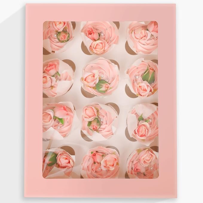 Bakepacker 12 Cupcake Containers 20-Packs Pink Cupcake Box Cupcakes Carrier, 12 Cupcake Boxes with Window 13"x10"x3.5"（Auto-pop up）