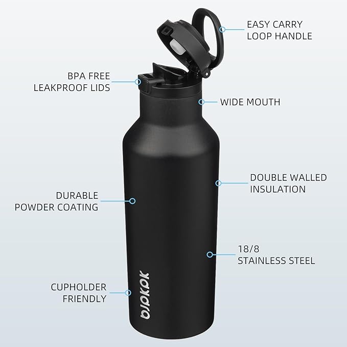 BJPKPK Insulated Water Bottle With Straw 17oz Stainless Steel Water Bottles With 2 Lids And Carry Handle Reusable Travel Metal Thermal Flask,Black