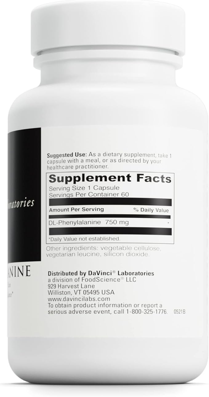 DAVINCI Labs DL-Phenylalanine - Amino Acid Dietary Supplement to Support Comfort, Balance and Discomfort* - with 750 mg DL-Phenylalanine per Serving - Gluten-Free - 60 Vegetarian Capsules