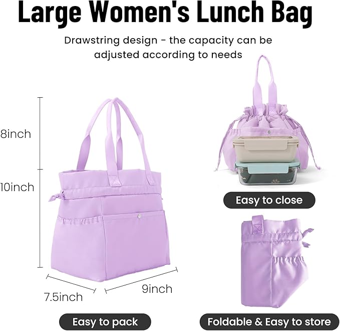 MEXS Lunch Bag for Women Reusable Drawstring Insulated Lunch Box Stain-Resistant Large Cinch Closure Lunch Bags for Work Office