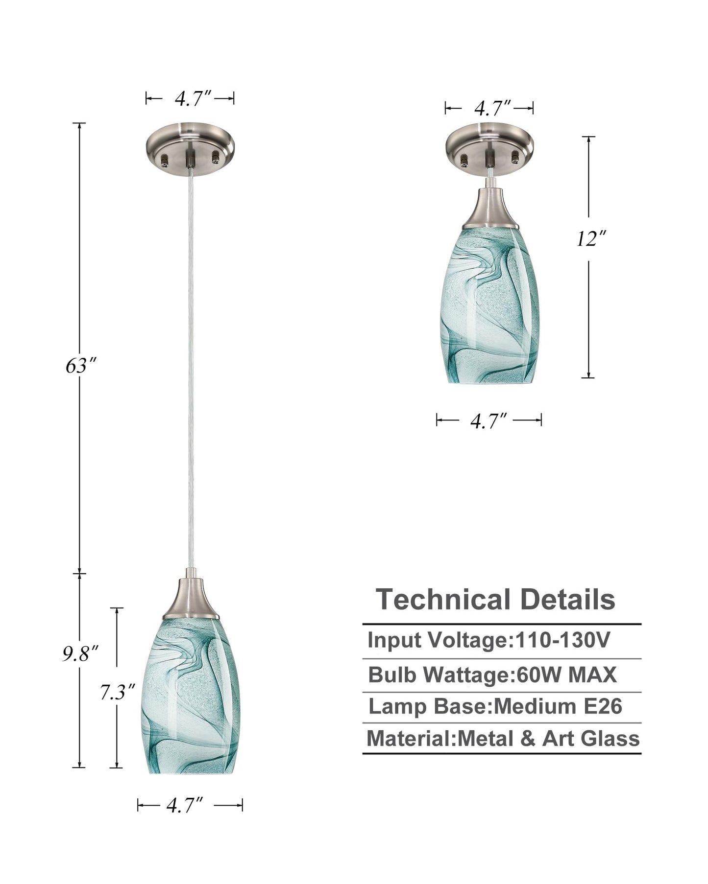 karyfine Mini Pendant Light Hand Blown Glass Shade Brush Nickel Finish Green Marble 1039AP