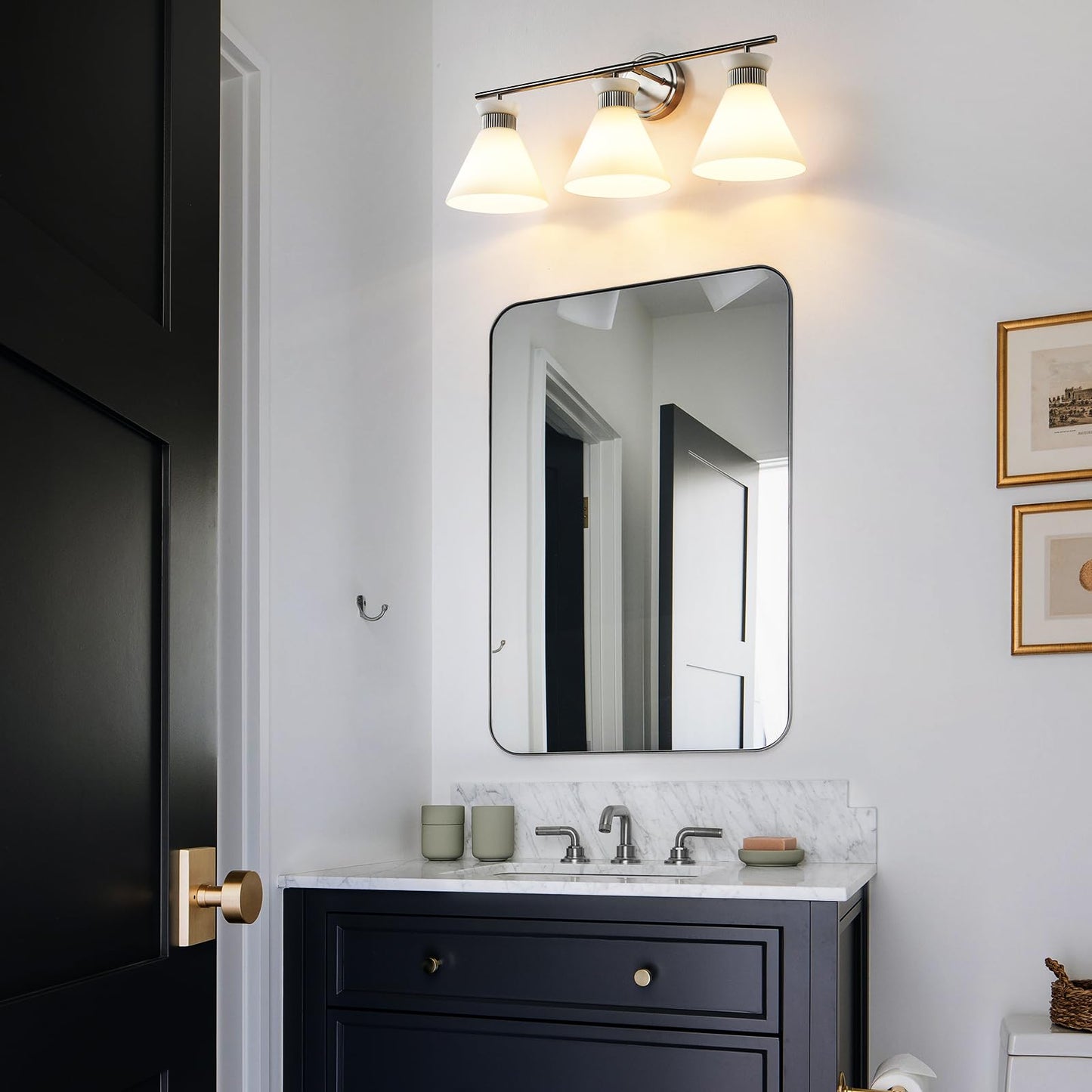 Woshitu Nickel Bathroom Vanity Light Fixtures: Vanity Lighting Fixtures Over Mirror 23.4 Inch With Milky White Frosted Glass  3-Lights Vanity Light Above Mirror Bathroom Wall Light(Exclude Bulb)