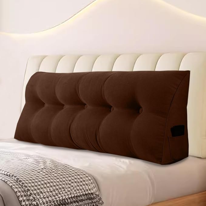 Large Triangular Headboard Pillows Long Backrest Positioning Support Bolster Cushion for Daybed Fluffy Quality Plush Body Wedge Pillow with Removable Cover(Dark brown-Full-54x8x20in)