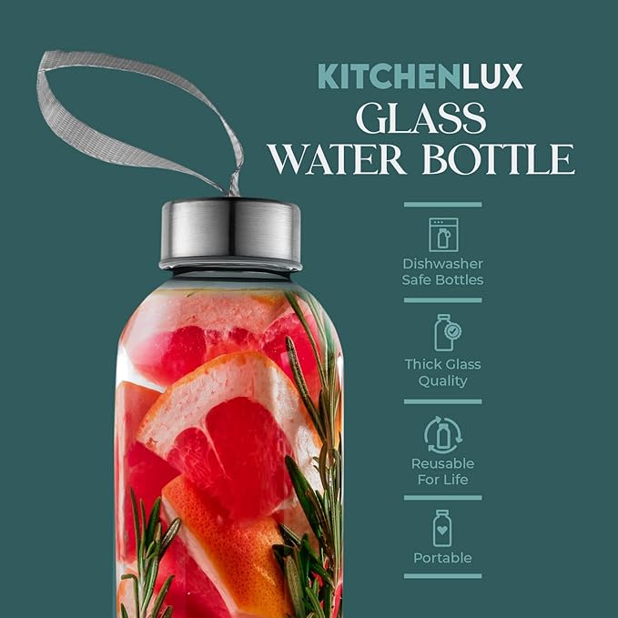 32 oz Glass Water Bottle Set of 6 - Glass Water Bottles Caps & Sleeve, Reusable Glass Bottle Lids, Clear Glass Bottles, Refillable Glass Juice Bottles for Juicing, Juicer Bottles