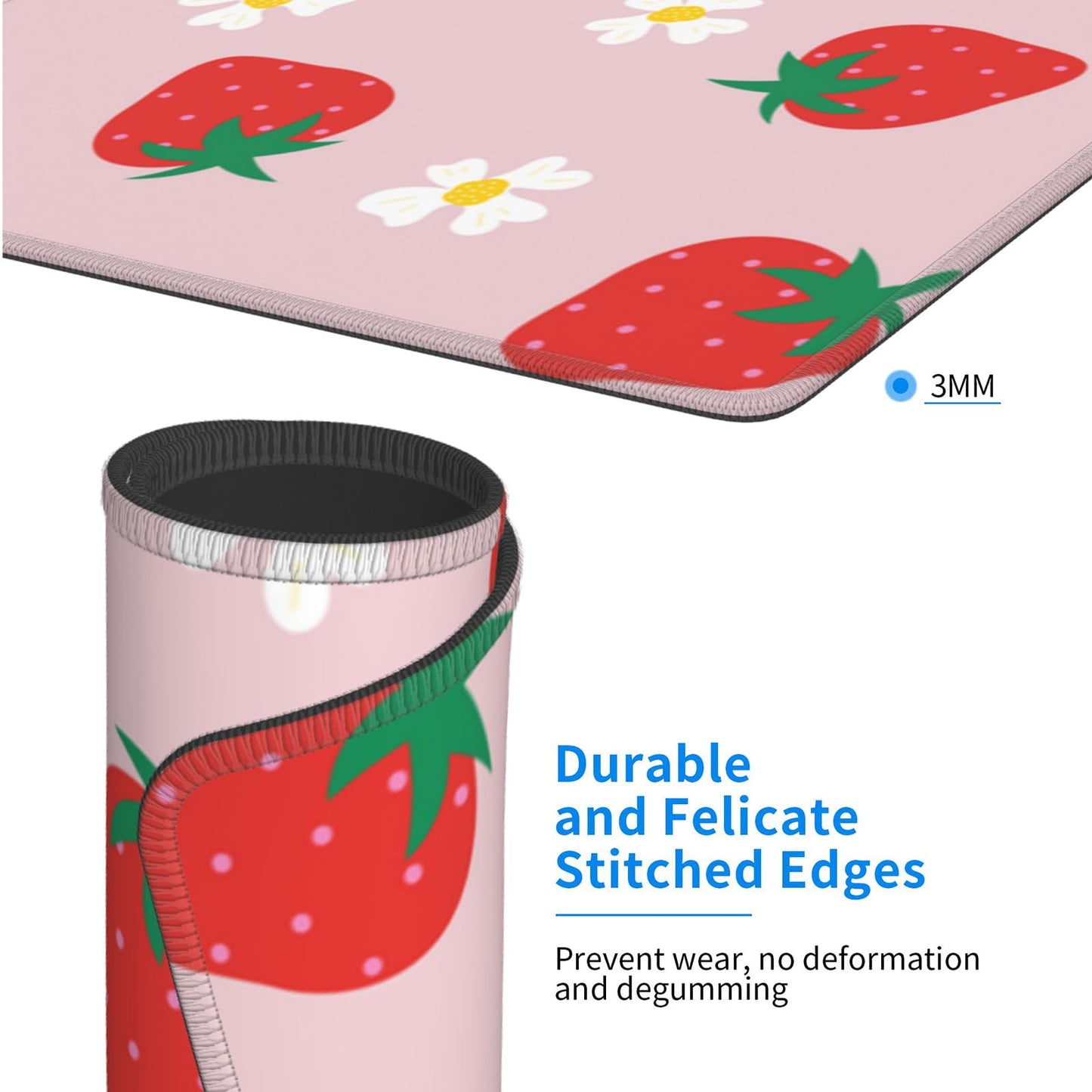 Cute Strawberry Extended Gaming Mouse Pad XL Kawaii Pink Large Mouse Pad 31.5x11.8in 3mm Non-Slip Rubber Base Pink Mousepad Stitched Edges Keyboard Mouse Mat Desk Pad for Women Office Gaming Decor
