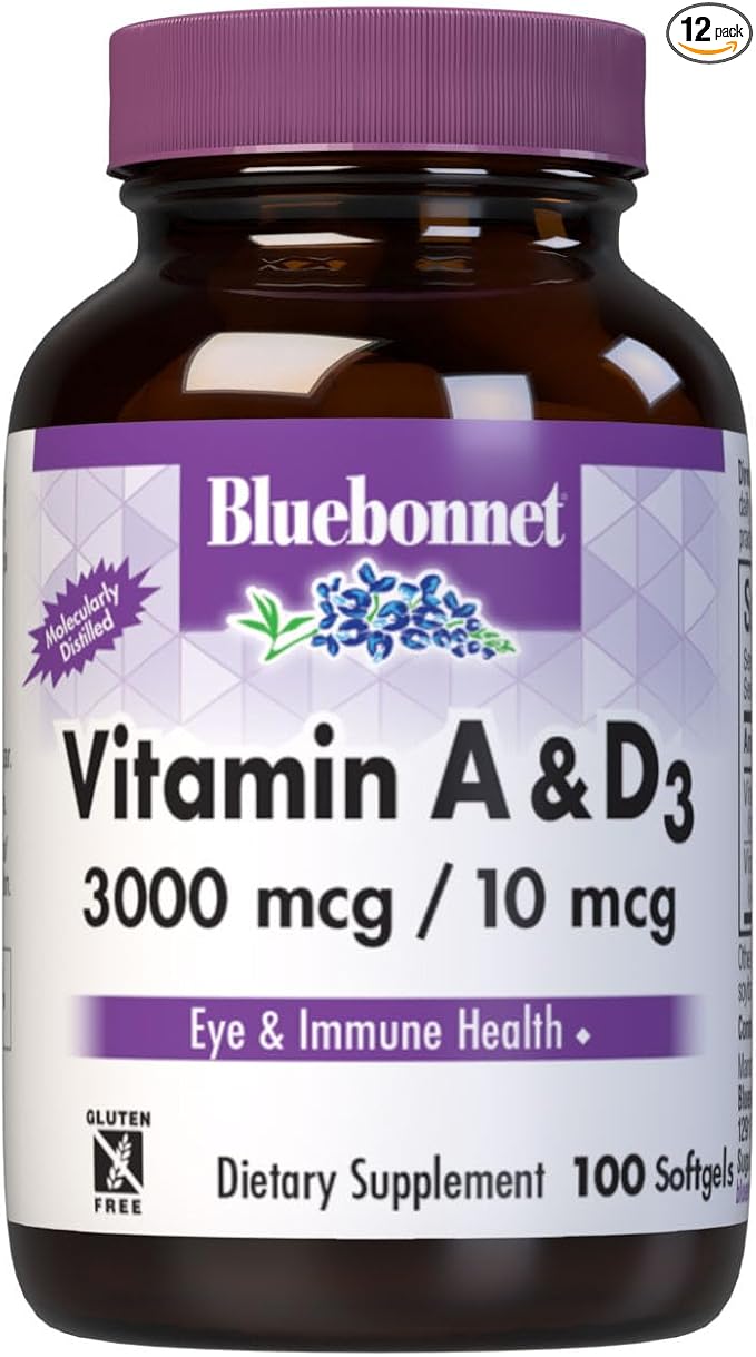 Bluebonnet Nutrition Vitamin A & D3 10,000 IU/400 IU from Deep Sea, Cold Water, Fish Oil - For Eye Health & Immune Function* - Gluten Free -Dairy Free -Molecularly Distilled -100 Softgel/100 Servings
