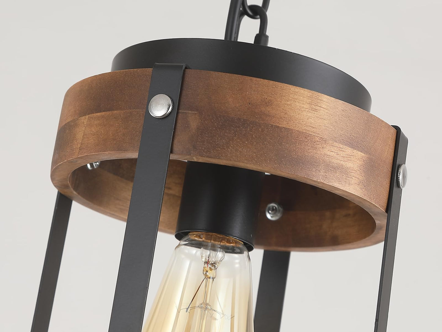 2 Pack Rustic Farmhouse Wood Pendant Light Fixture One-Light Adjustable Chain Oak Wood And Metal Drum Cage Small Pendant Lighting For Kitchen Island Sink Hallway Farmhouse Bathroom Bar  Black
