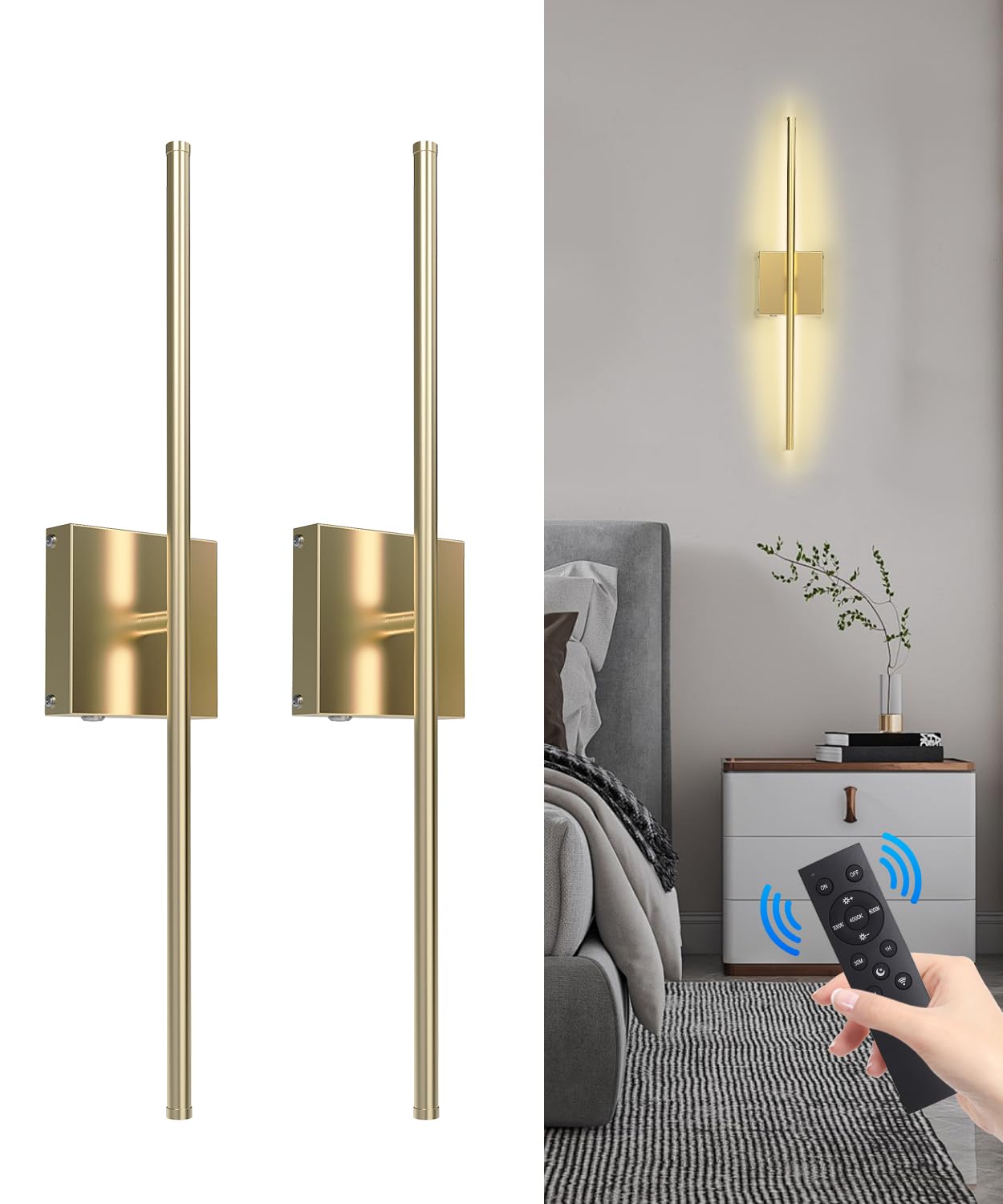 CASGAL Wall Sconce Set of Two, Battery Operated, 3000K-6500K LED, 26.6 Inch, Gold, Model 1179-Gold, 350°