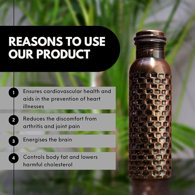 Copper Water Bottle 32 oz Hammered Vintage Modern Design Handcrafted Ayurvedic Copper Vessel For Drinking Water Bottle Travel Water Bottle for Gym, Office, Hiking, Outdoor Hammered Water Vessel