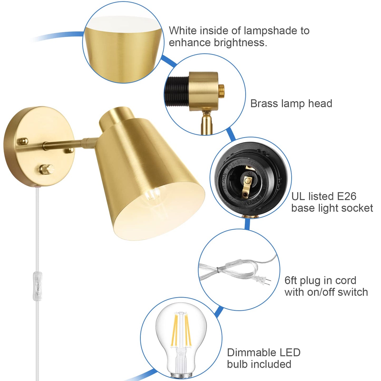 VATONI Dimmable Wall Sconce, Adjustable Angle, Brass, 1 Pack, Gold, Model Stlamp-Grs-1P
