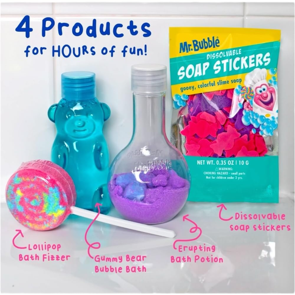 Mr Bubble Sweet Treats Bath Set, Lollipop Fizzer, Gummy Bear Bubble Bath, Bath Potion, Soap Stickers