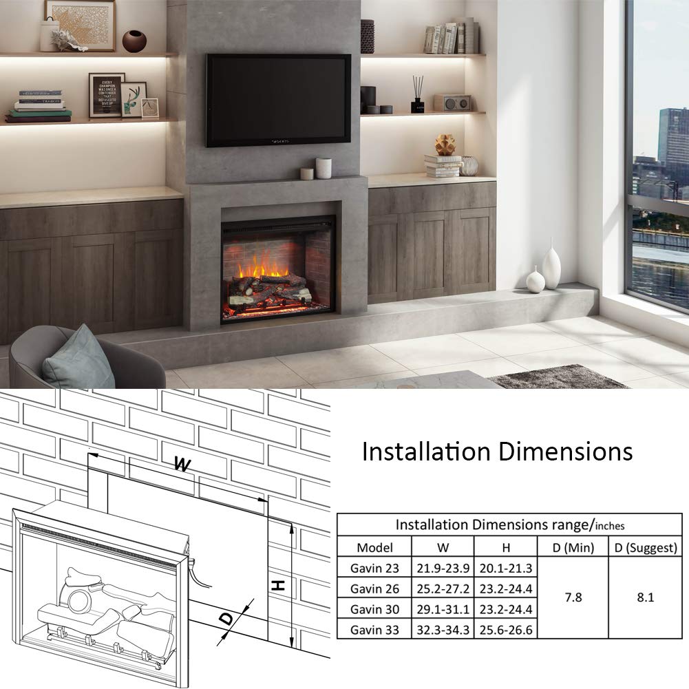 Richflame Gavin 26 Inches Electric Fireplace Insert With Log Speaker, Designed For Stud, Wood Burning Opening, Cabinet & Wood Ma