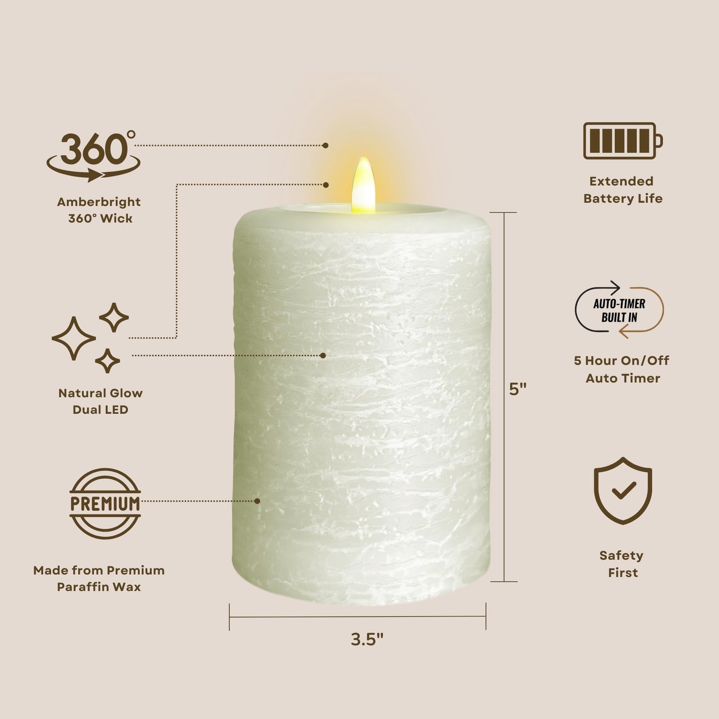 LumiPur Signature Collection Natural Glow Flickering Flameless 4 Pack LED Wax Pillar Candle (4 Pack 3.5" x 5", Linen White)